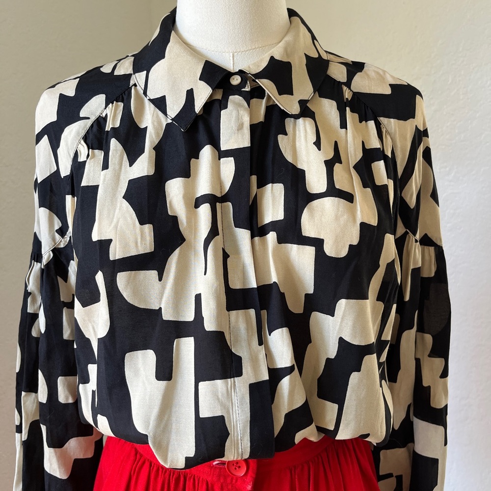 ba&sh Black and Cream Graphic Button Down Blouse